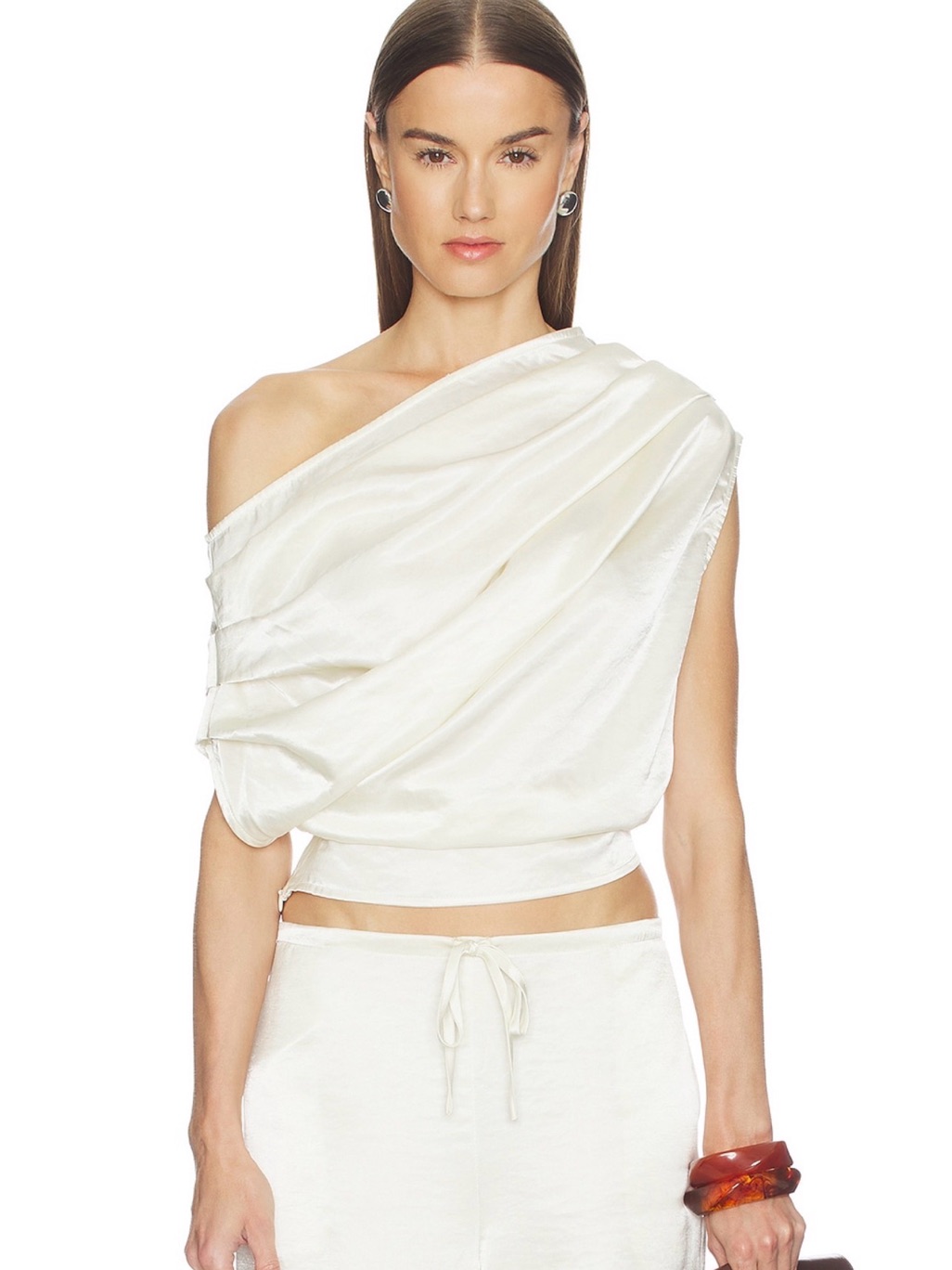 Asymmetrical One-Shoulder Satin Top In Ivory